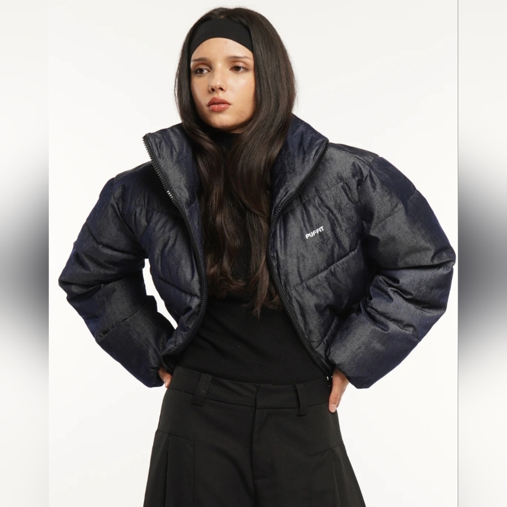Puffit Stand-up Collar Cropped Puffer Jacket Splashproof Denim SIZE Small NWT!